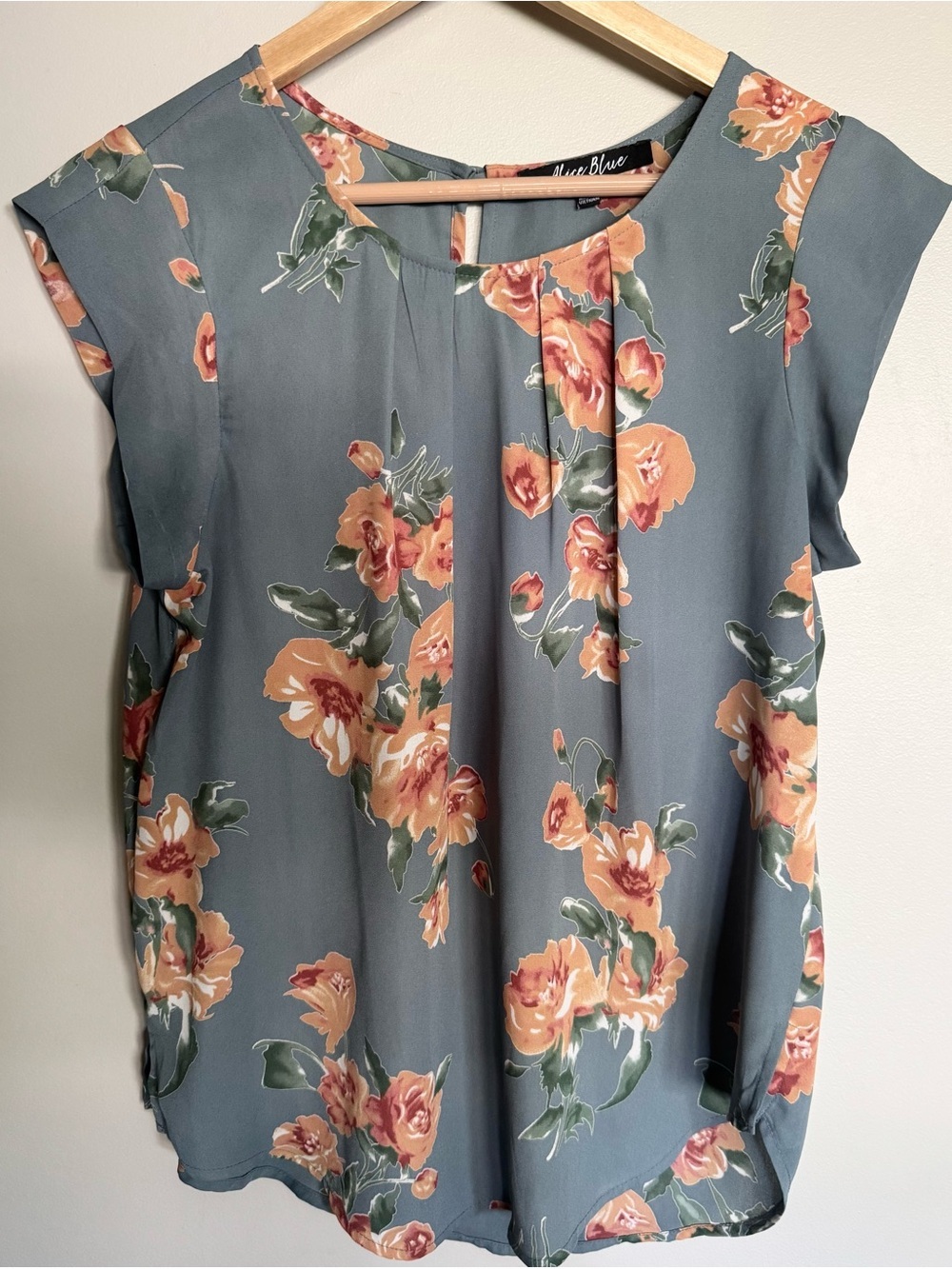 Alice Blue Floral Blouse Medium Sage Green Cap Sleeve Pleated Career Top